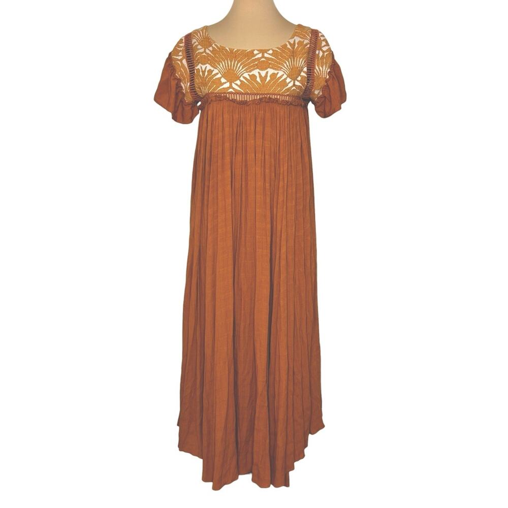 FREE PEOPLE Vintage Charm Relaxed Fit Flowy Embroidered Ruffled Midi Dress Sz XS - Picture 3 of 15